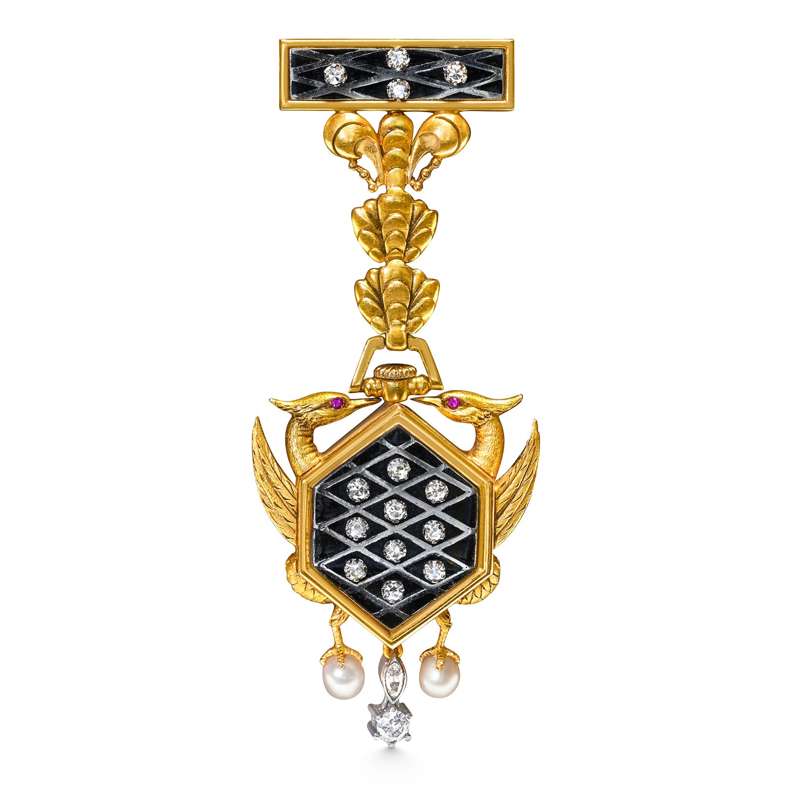 Art Nouveau 18K Gold Diamond Enamel and Pearl Pendant Lapel Watch