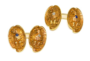 Antique Art Nouveau Gold Eagle Cufflinks with Diamonds and Sapphires