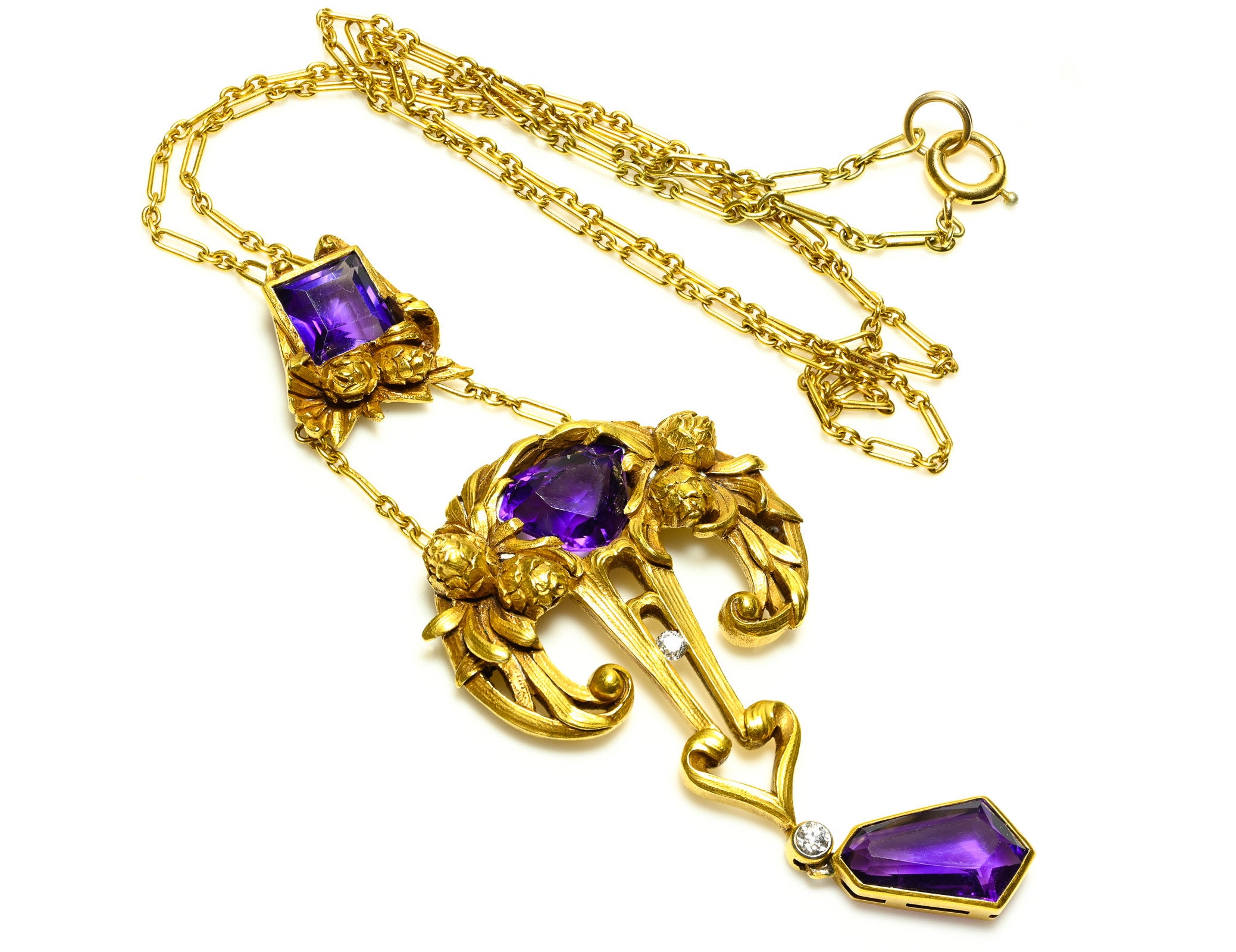 Art Nouveau Hans Brassler & Co. Gold Amethyst Diamond Pendant Necklace