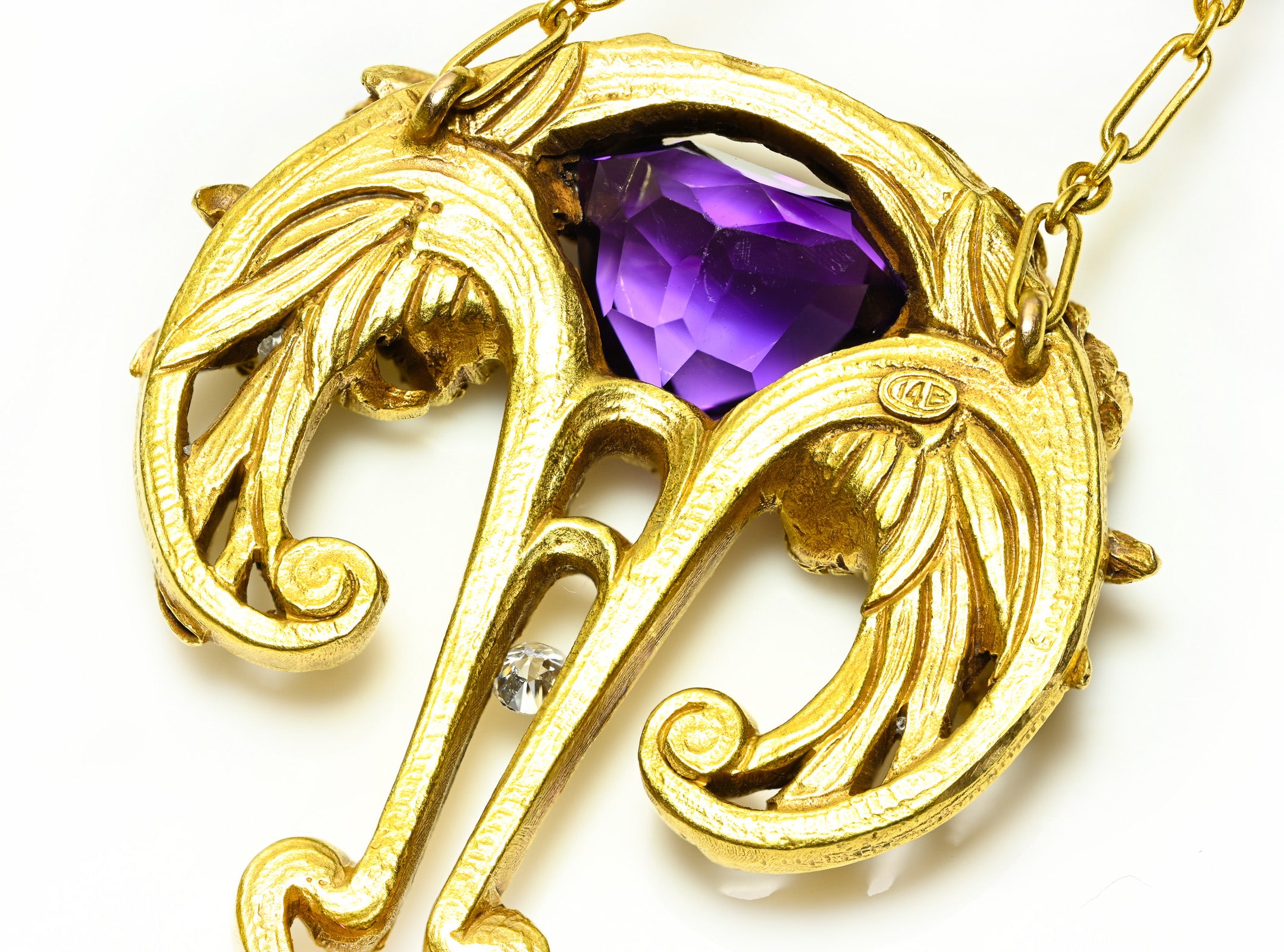 Art Nouveau Hans Brassler & Co. Gold Amethyst Diamond Pendant Necklace