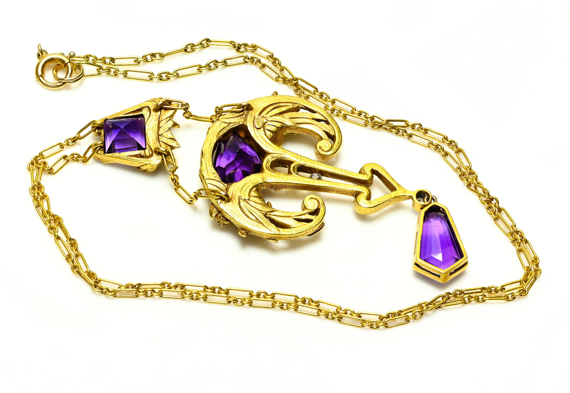 Art Nouveau Hans Brassler & Co. Gold Amethyst Diamond Pendant Necklace