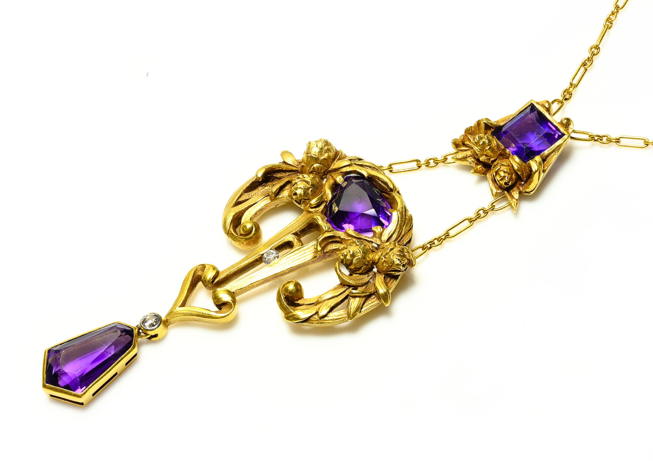 Antique Hans Brassler & Co. Gold Amethyst Diamond Pendant Necklace