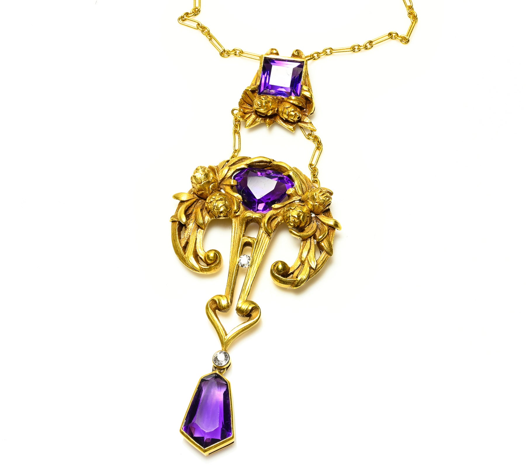 Art Nouveau Hans Brassler Co. Gold Amethyst Diamond Pendant Necklace