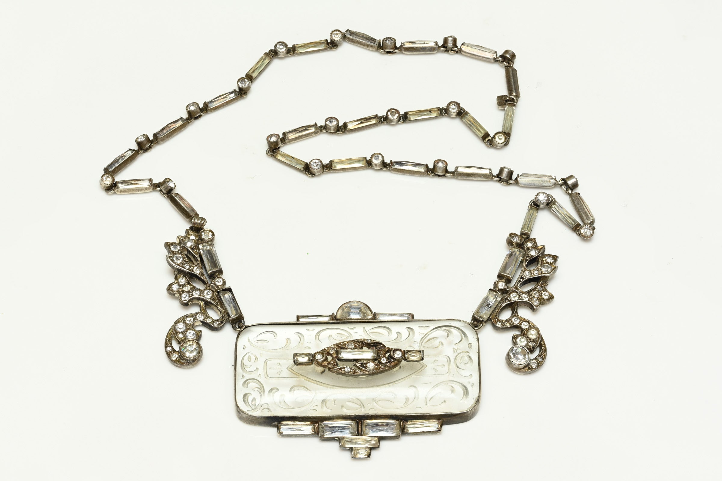 Art Deco 1920's Sterling Silver Paste Carved Crystal Necklace