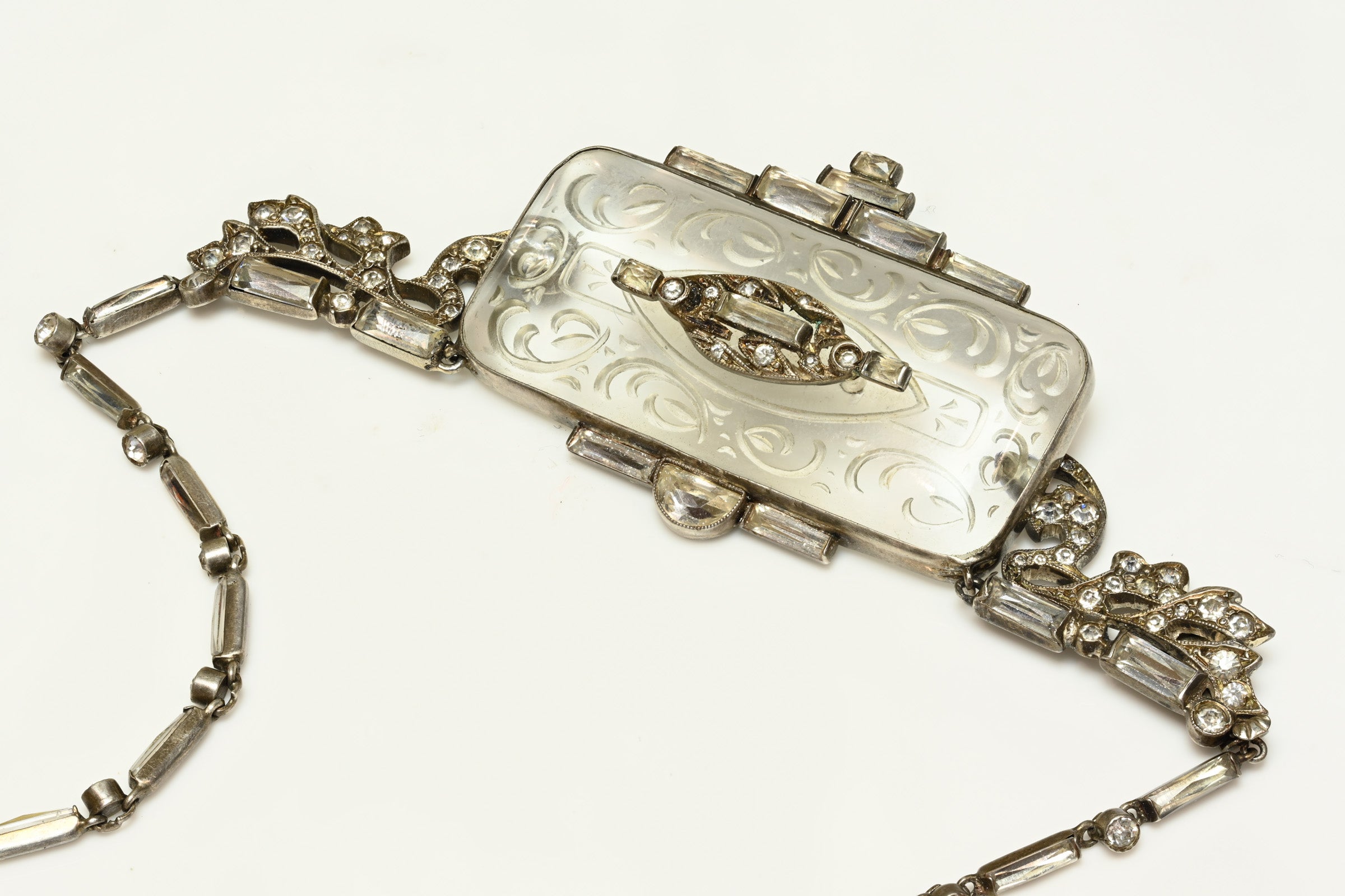 Art Deco 1920's Sterling Silver Paste Carved Crystal Necklace 1