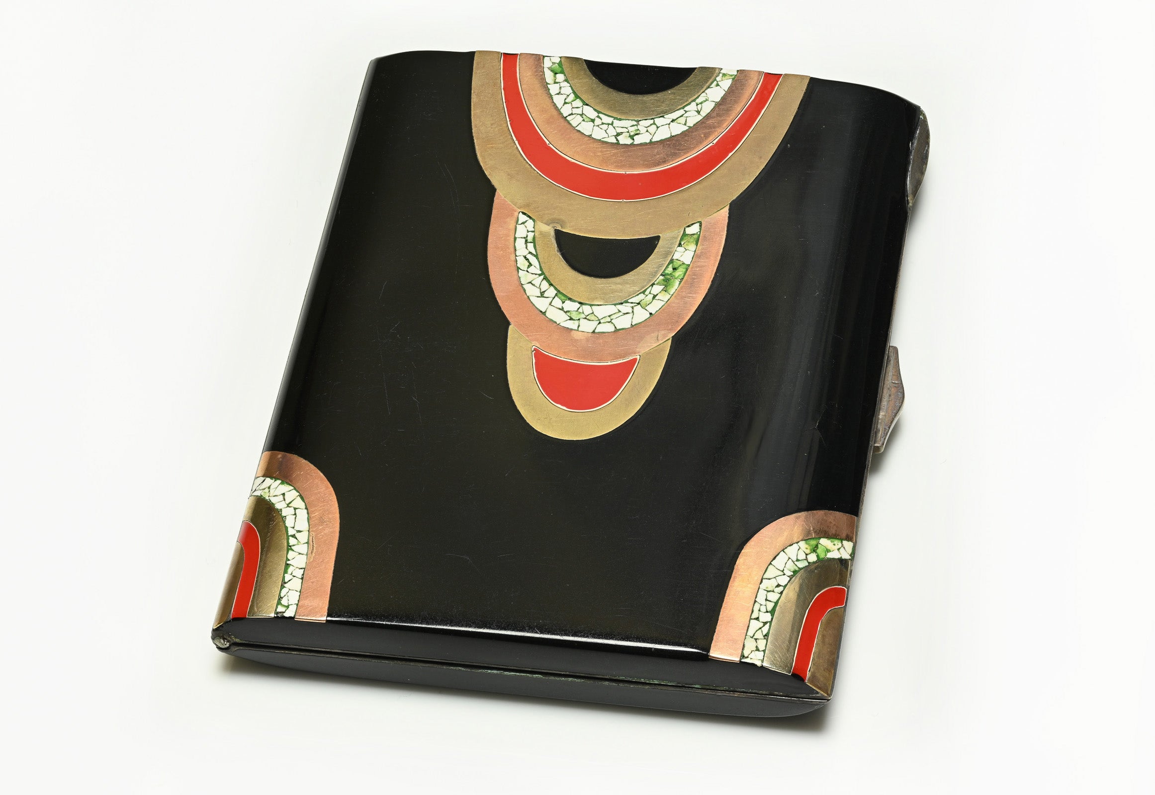 Art Deco Black Red Enamel Case with Eggshell Mosaic Inlay