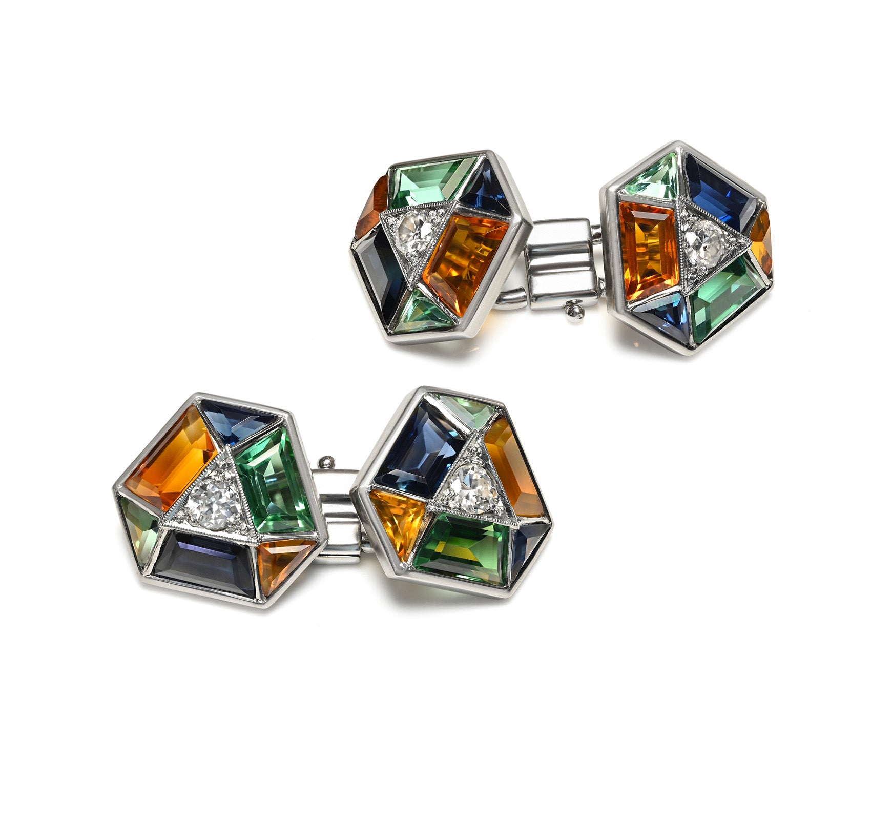 Art Deco Calibré-Cut Multicolor Sapphire Diamond Cufflinks