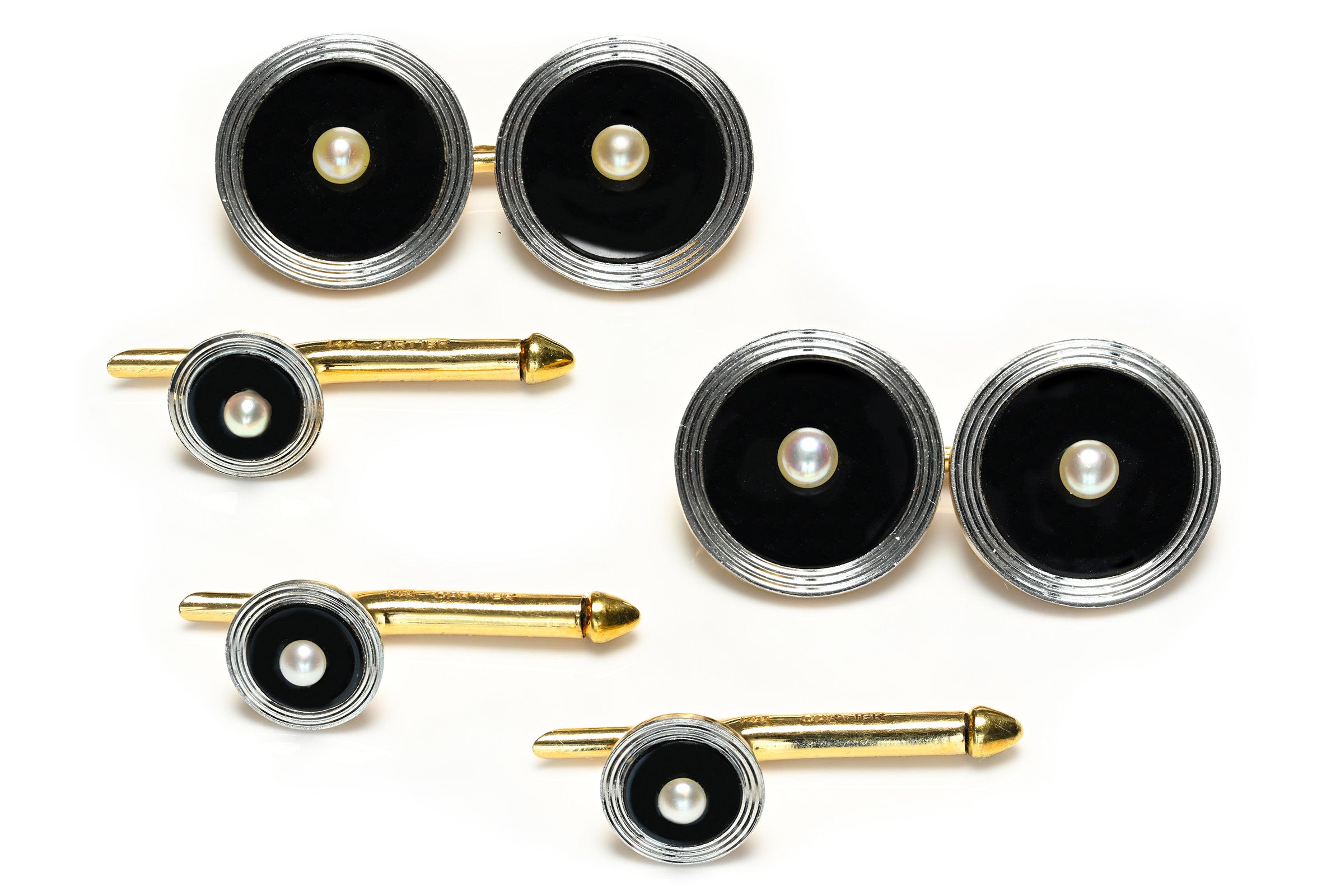Art Deco Cartier Onyx Pearl Platinum Gold Cufflink and Stud Set