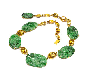 Art Deco Carved Jade and Citrine Necklace in 14K Gold