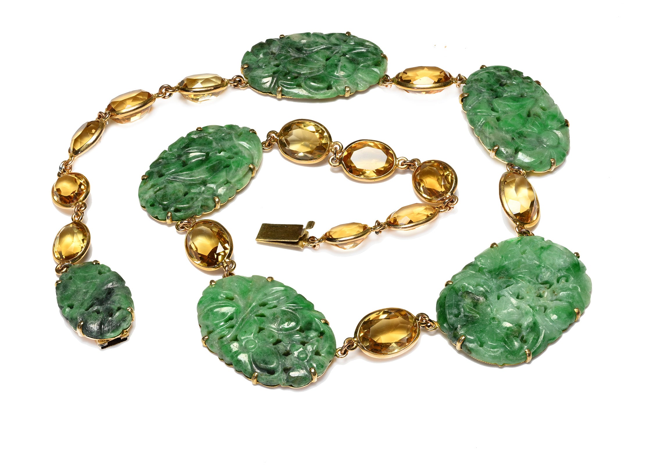 Art Deco Carved Jade and Citrine Necklace in 14K Gold