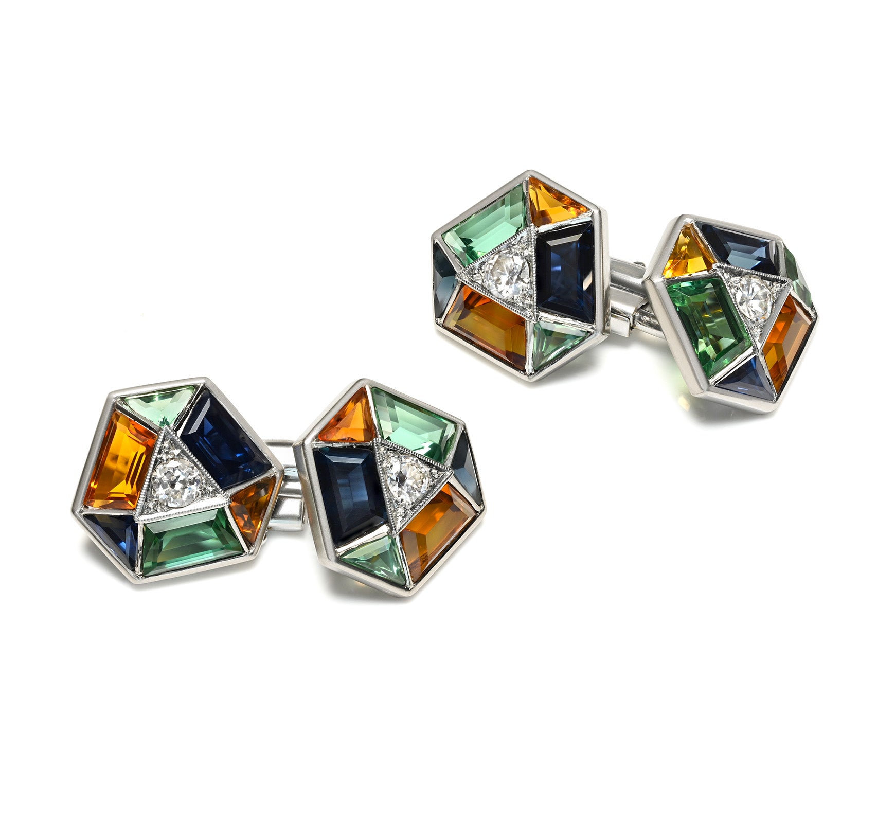 Art Deco Calibré-Cut Multicolor Sapphire Diamond Cufflinks Platinum 