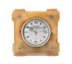 Art Deco J.E. Caldwell Agate and Diamond Desk Clock