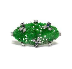 Art Deco Carved Jade, Diamond, Sapphire and Platinum Brooch