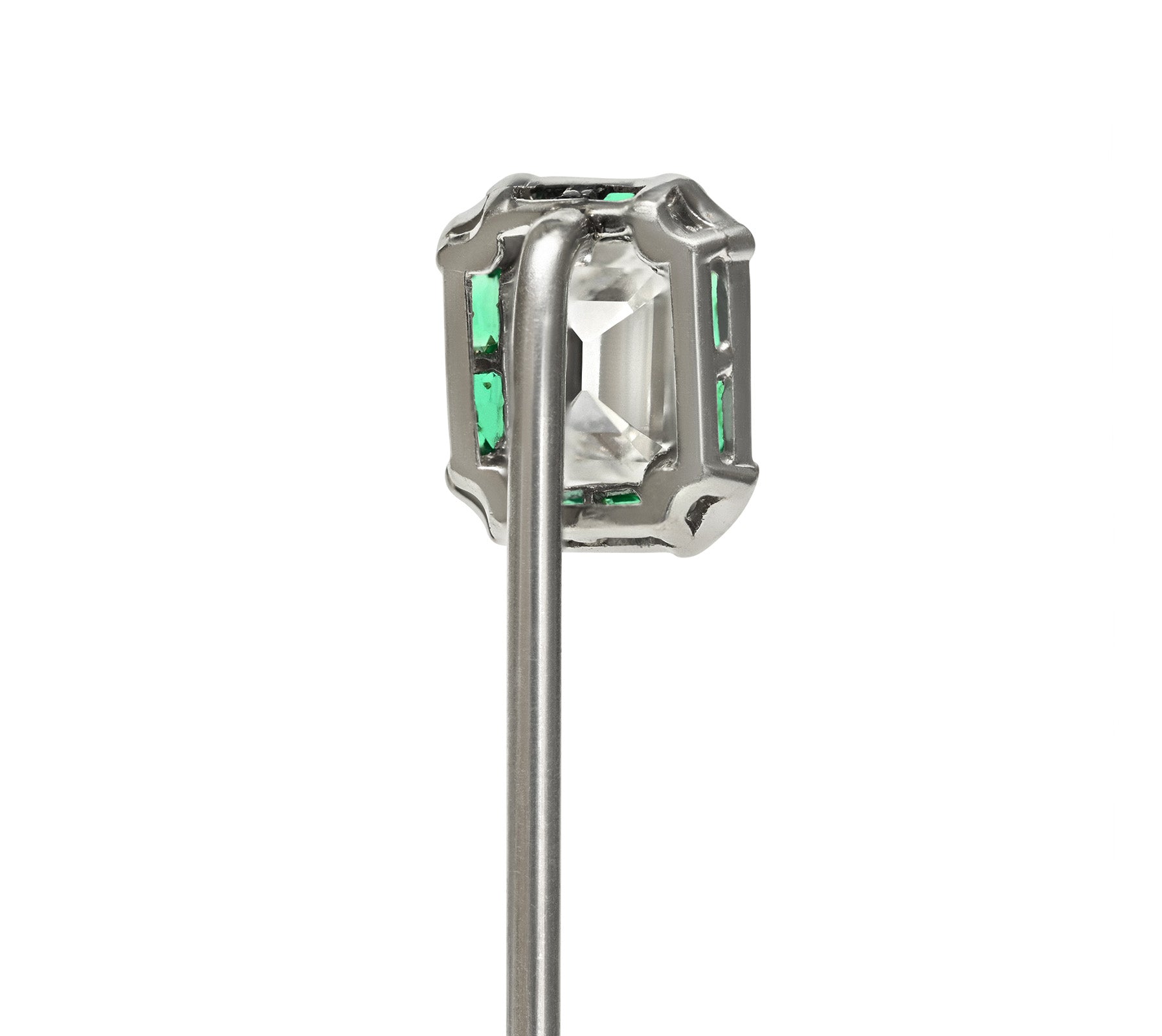 Edwardian Art Deco Platinum 0.50 Carat Emerald-Cut Diamond and Emerald Stick Pin