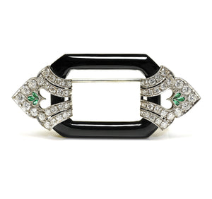 Art Deco Platinum Diamond Emerald Onyx Brooch