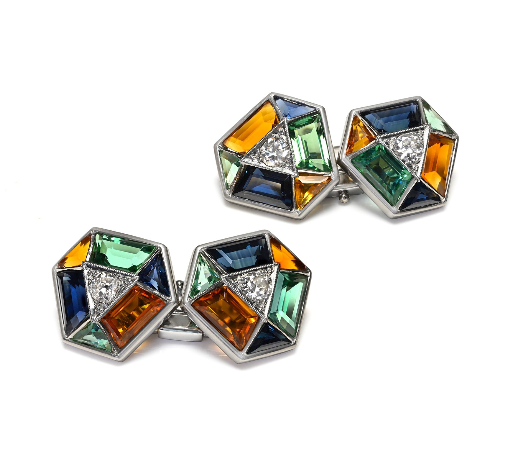 Rare Art Deco Calibré-Cut Multicolor Sapphire and Diamond Cufflinks