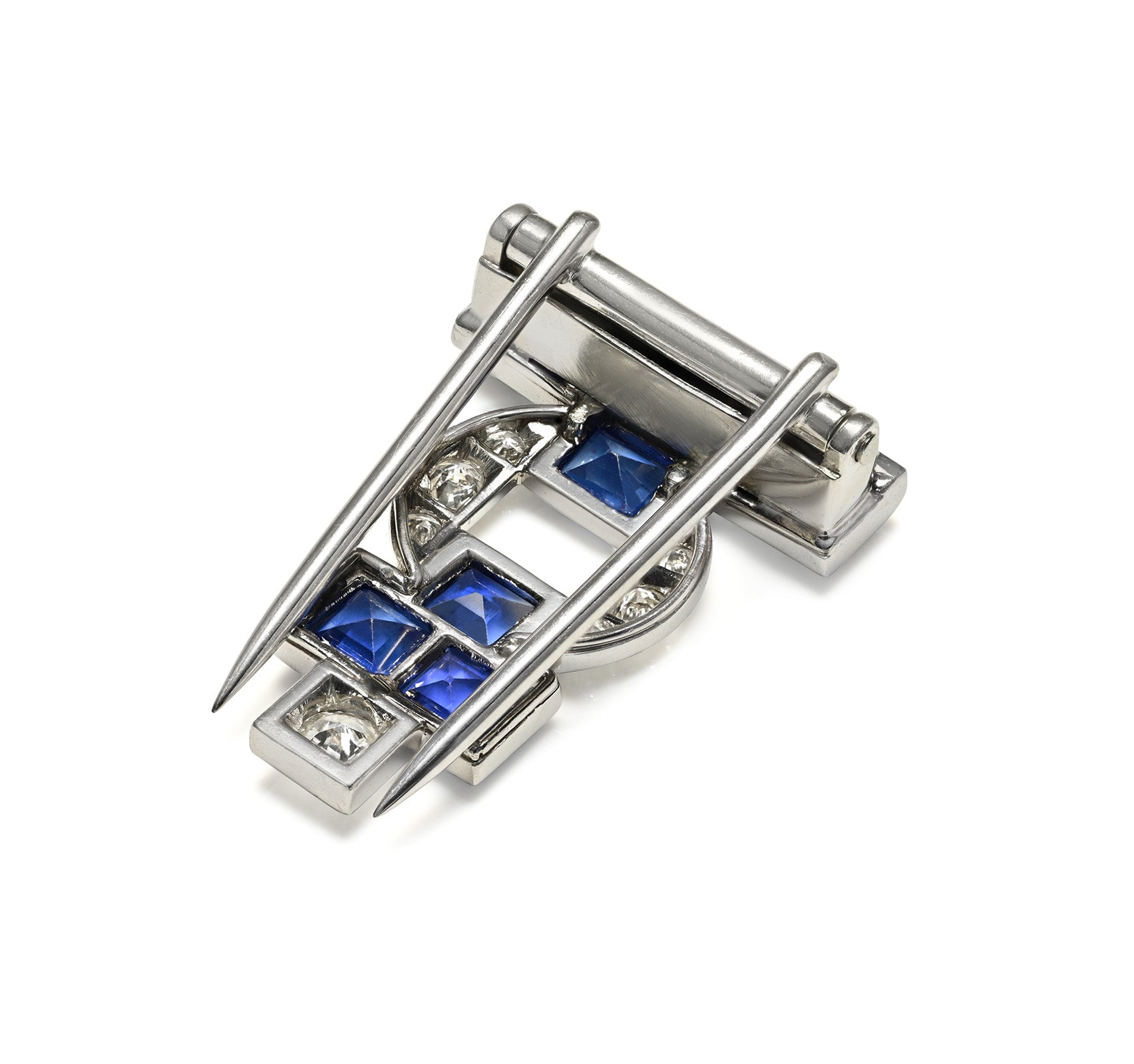 Art Deco Platinum Unheated Ceylon Sapphire and Diamond Brooch