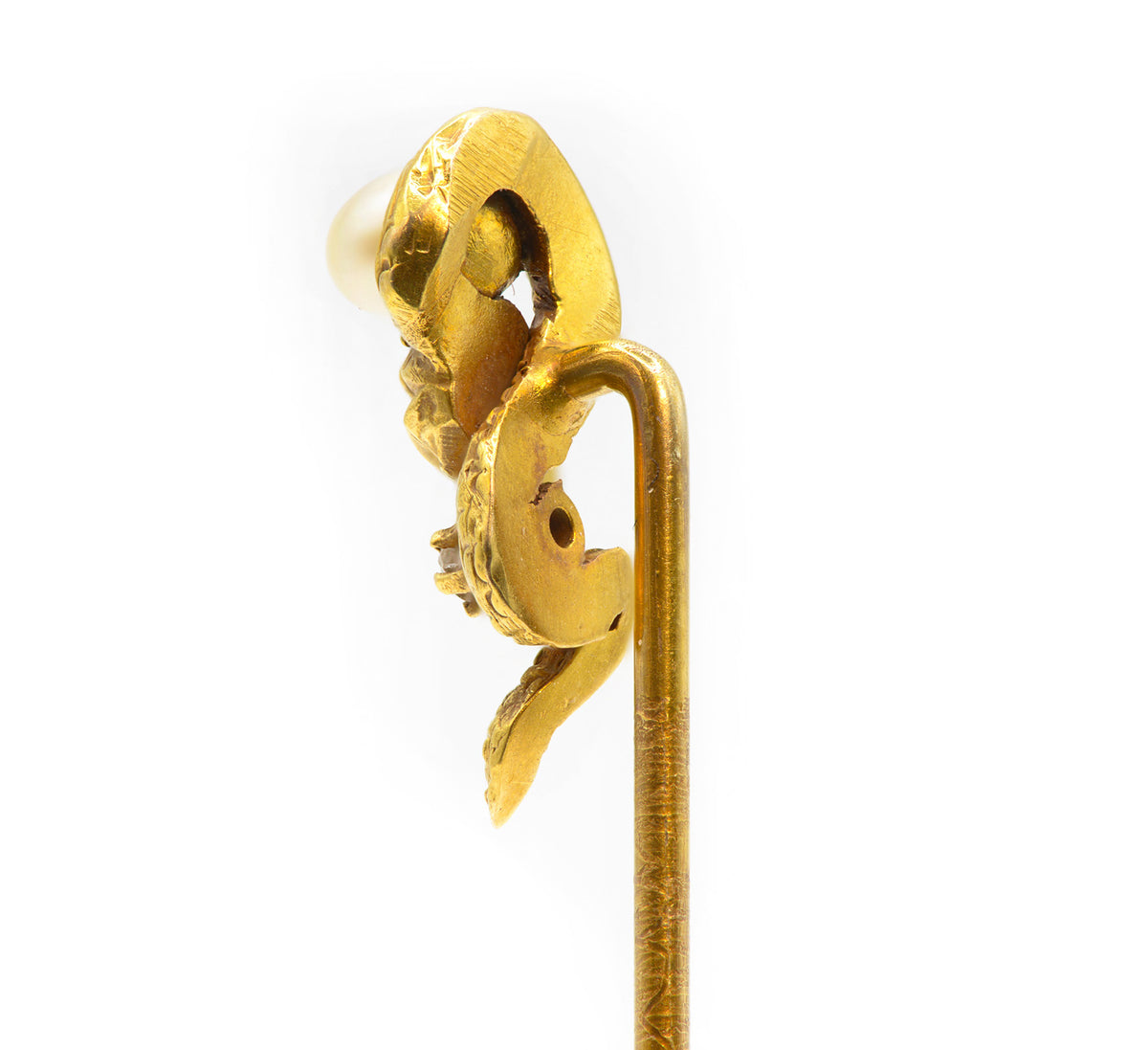 Art Nouveau 14K Yellow Gold Pearl Diamond Snake Stick Pin