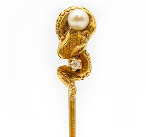Art Nouveau 14K Yellow Gold Pearl Diamond Snake Stick Pin