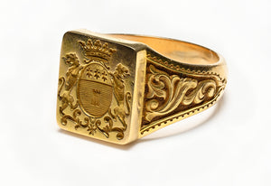Art Nouveau French 18K Gold Lion Crown Crest Mens Ring