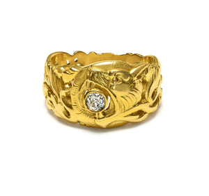 Art Nouveau 18K Yellow Gold Old Mine Diamond Griffin Ring