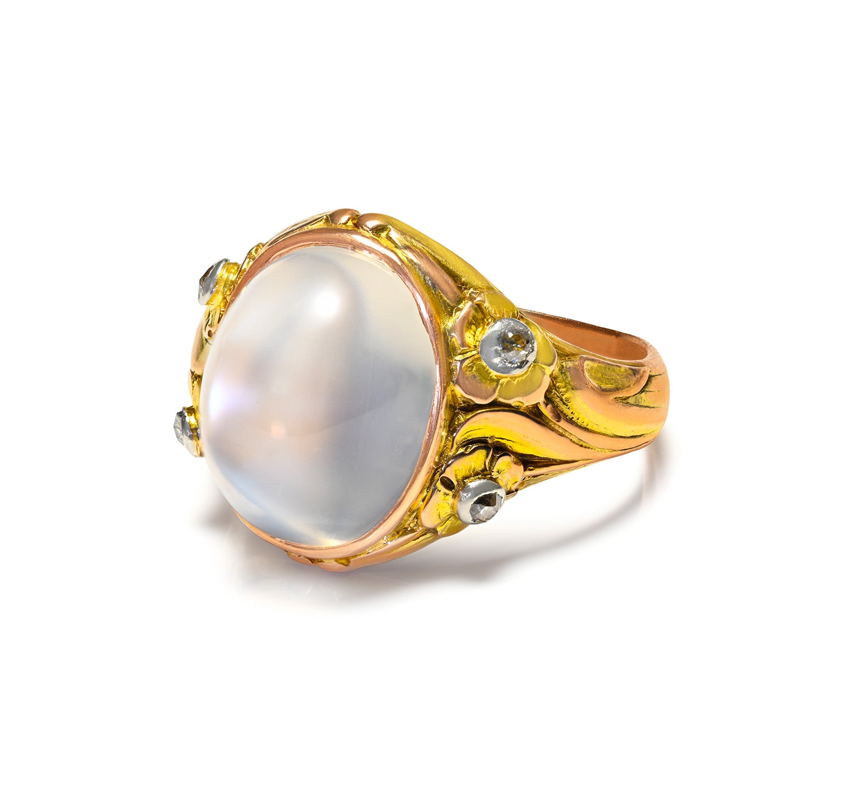 Art Nouveau Carter Howe Co. Moonstone and Diamond Floral Gold Ring
