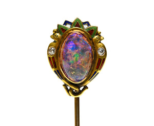 Art Nouveau Opal, Diamond and Enamel Bird Gold Stick Pin