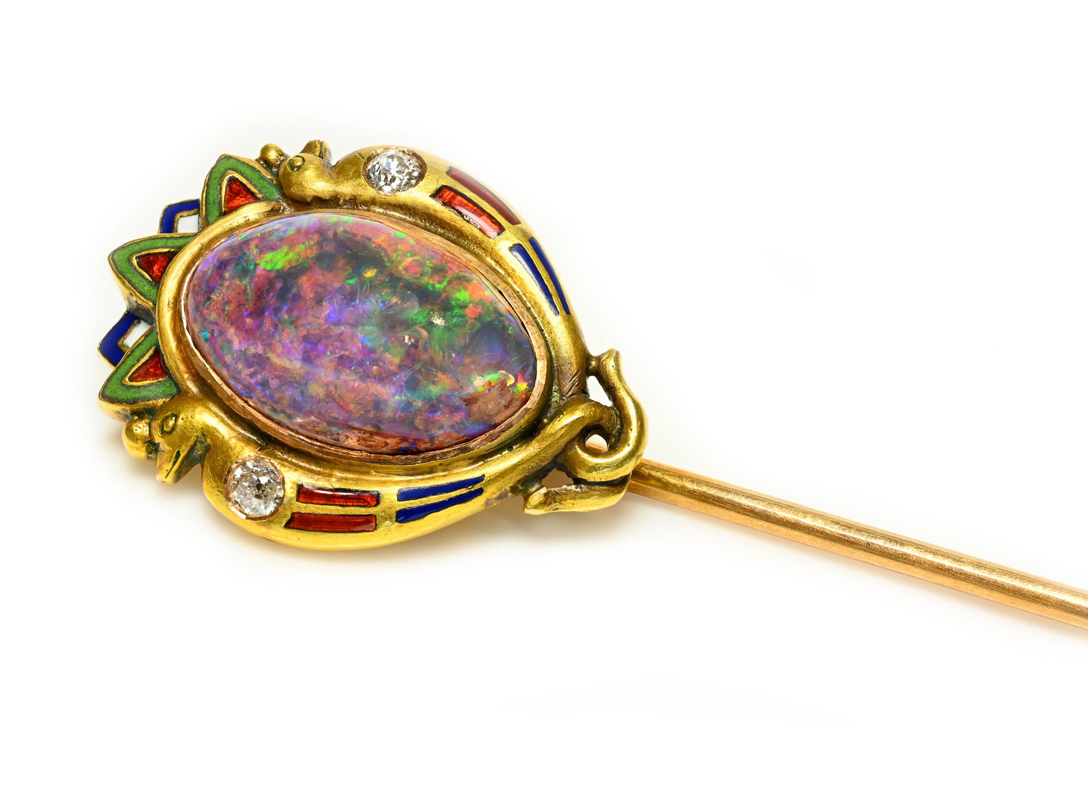 Opal, Diamond Enamel Bird Gold Stick Pin
