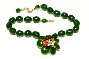 Augustine Paris Gripoix Green Poured Glass Camellia Flower Necklace