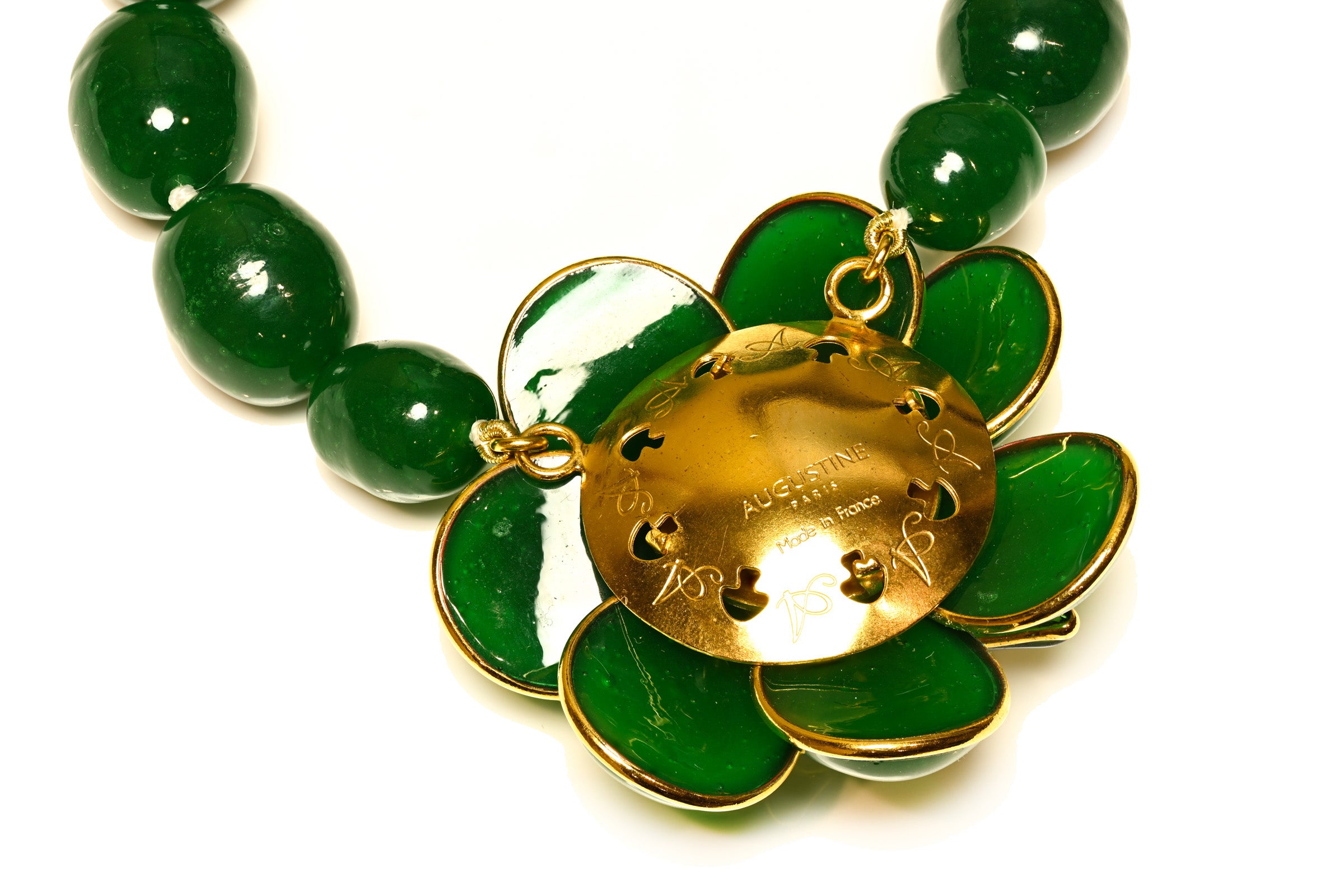 Augustine Paris Gripoix Green Poured Glass Camellia Flower Necklace 2