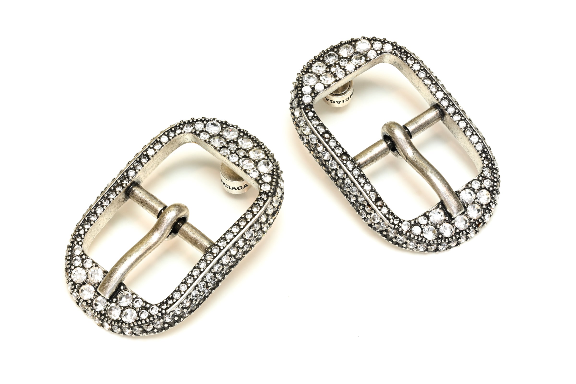 Balenciaga Paris Silver Tone Crystal Buckle Earrings 2