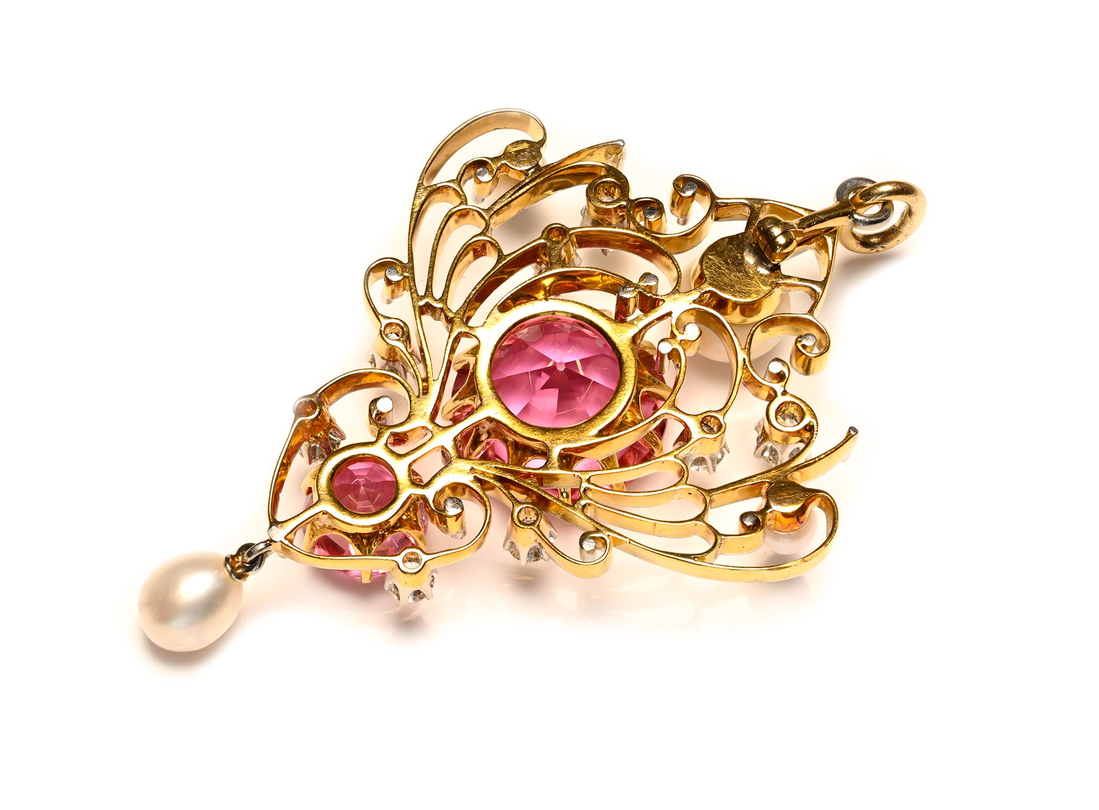 Antique Belle Époque Pink Tourmaline Diamond and Pearl Gold Pendant