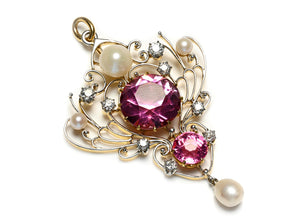 Belle Époque Pink Tourmaline Diamond and Pearl Gold Pendant