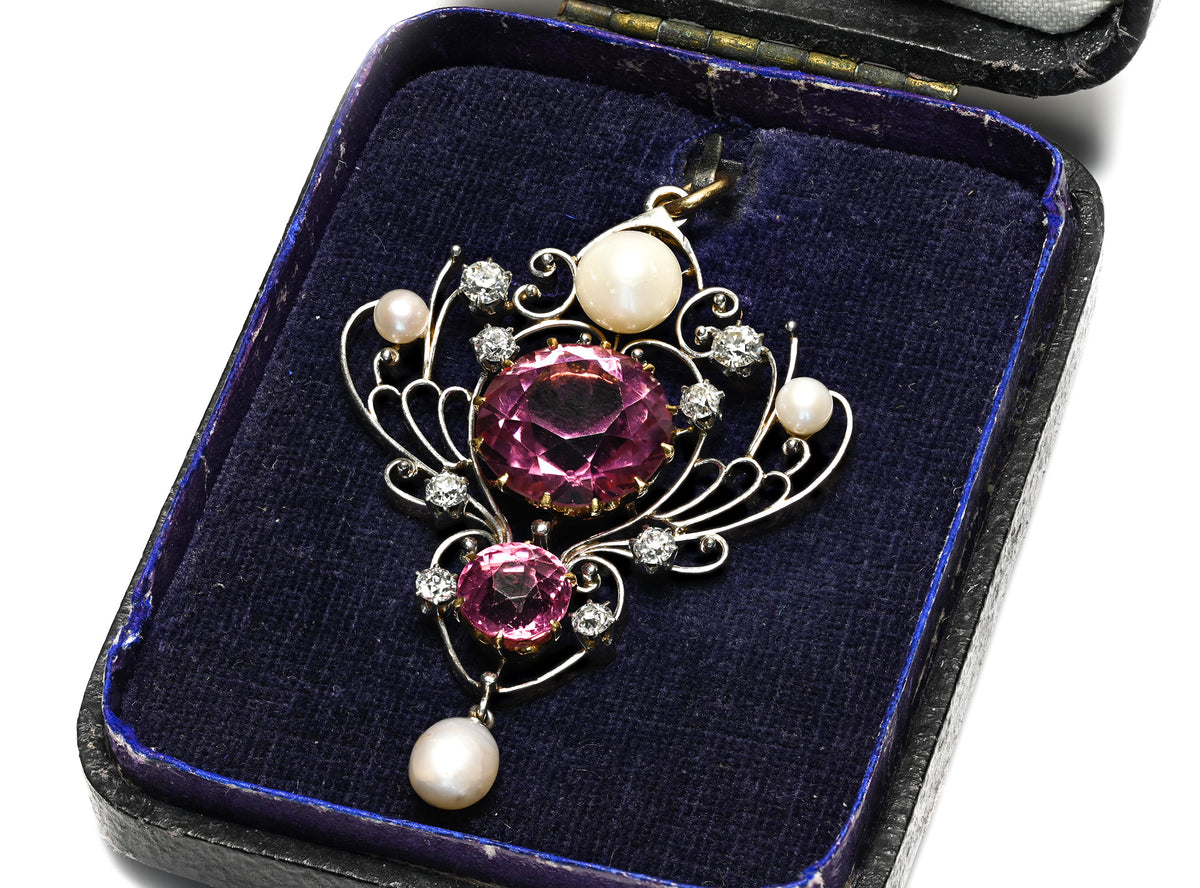 Belle Époque Pink Tourmaline Diamond and Pearl Gold Pendant Box

