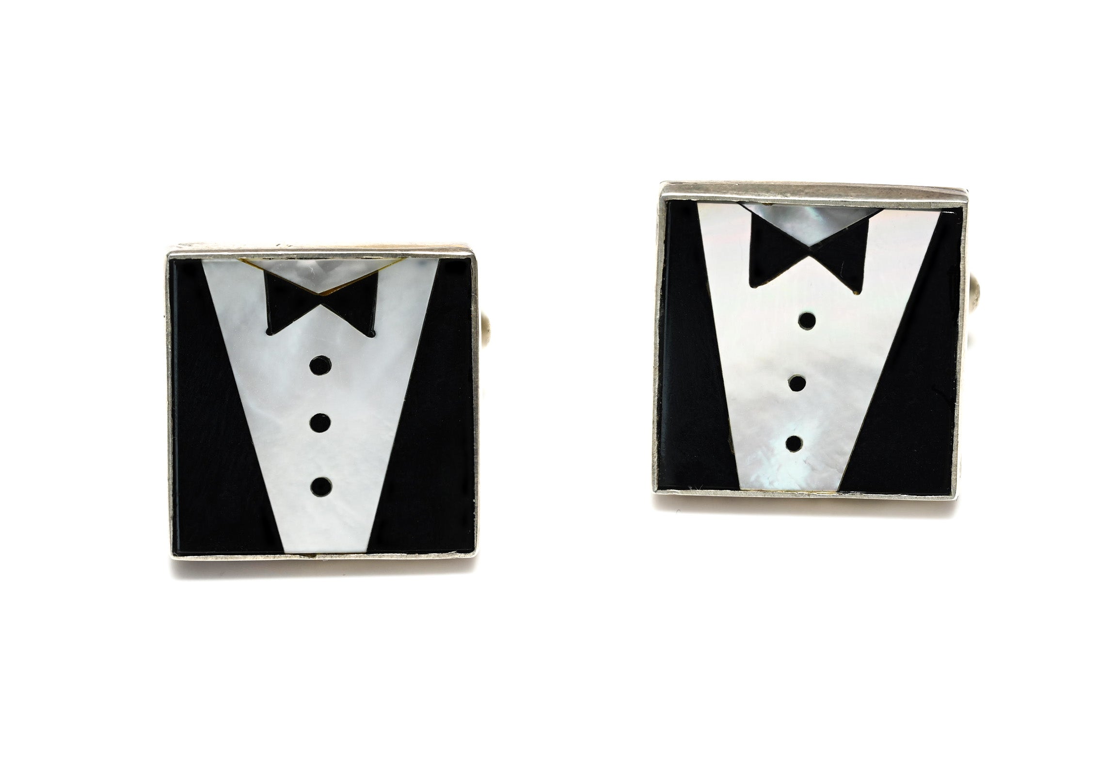 Silver Black Onyx and Mother-of-Pearl Tuxedo Cufflinks
