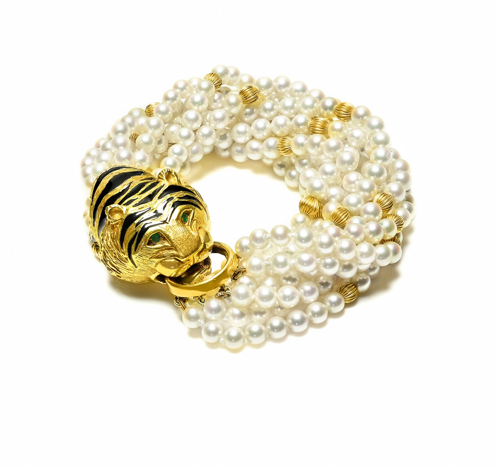 Boris Lebeau 18K Gold Enamel Tiger Bracelet Pearls Emeralds 