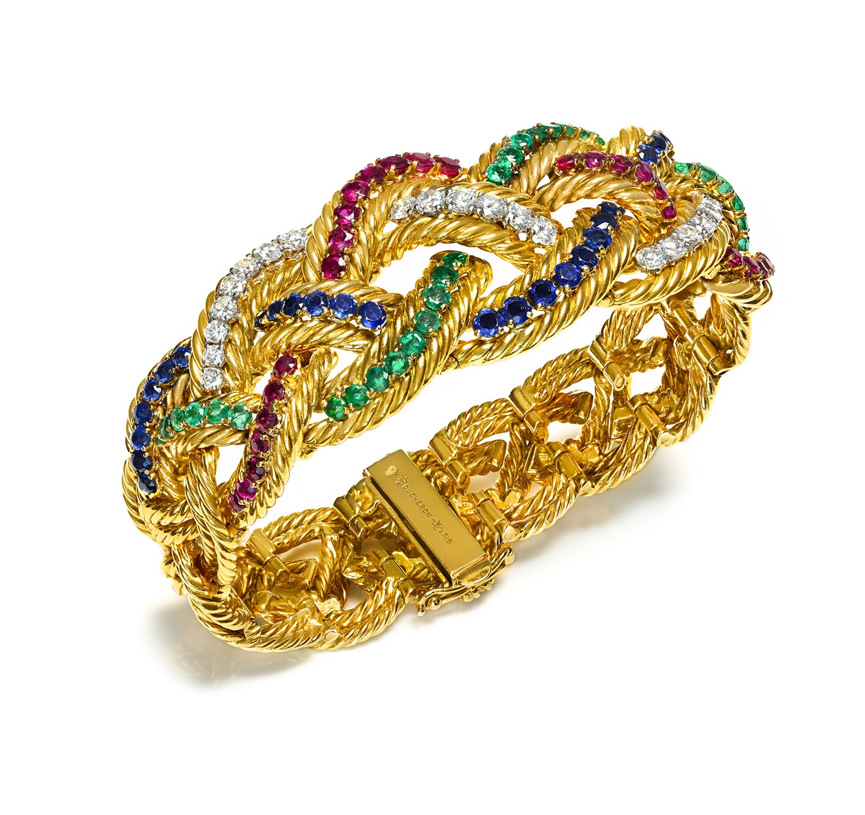Boucheron Paris Emerald, Ruby, Sapphire Diamond 18K Gold Bracelet
