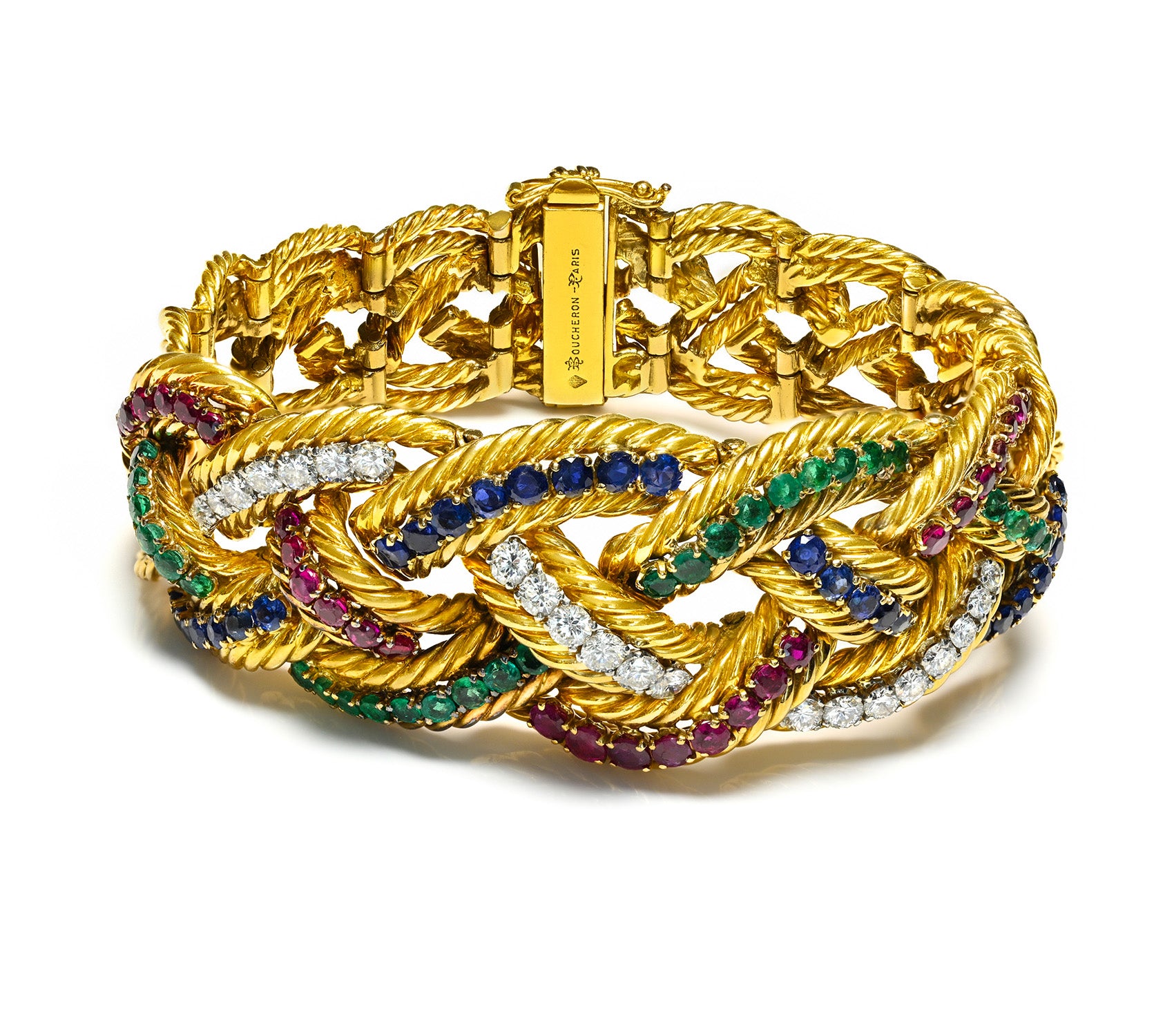 Boucheron Paris Emerald, Ruby, Sapphire Diamond 18K Gold Bracelet