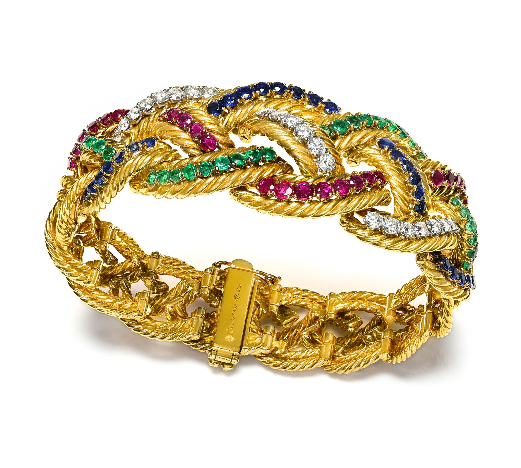 Boucheron Paris Emerald, Ruby, Sapphire Diamond 18K Gold Bracelet Vintage 