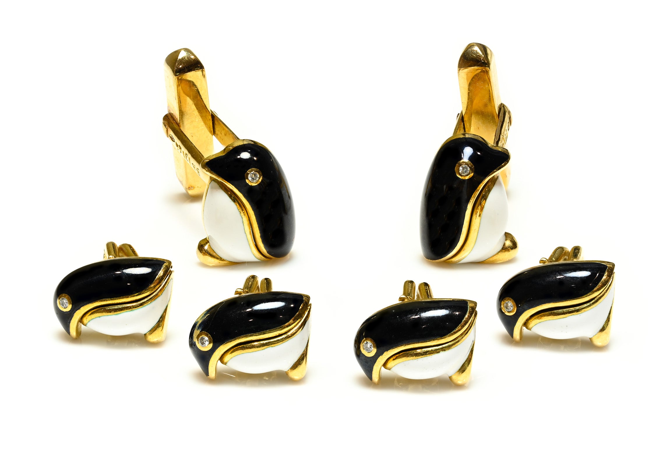 Bvlgari Penguin Cufflink Four-Stud Set 18K Gold Enamel and Diamond