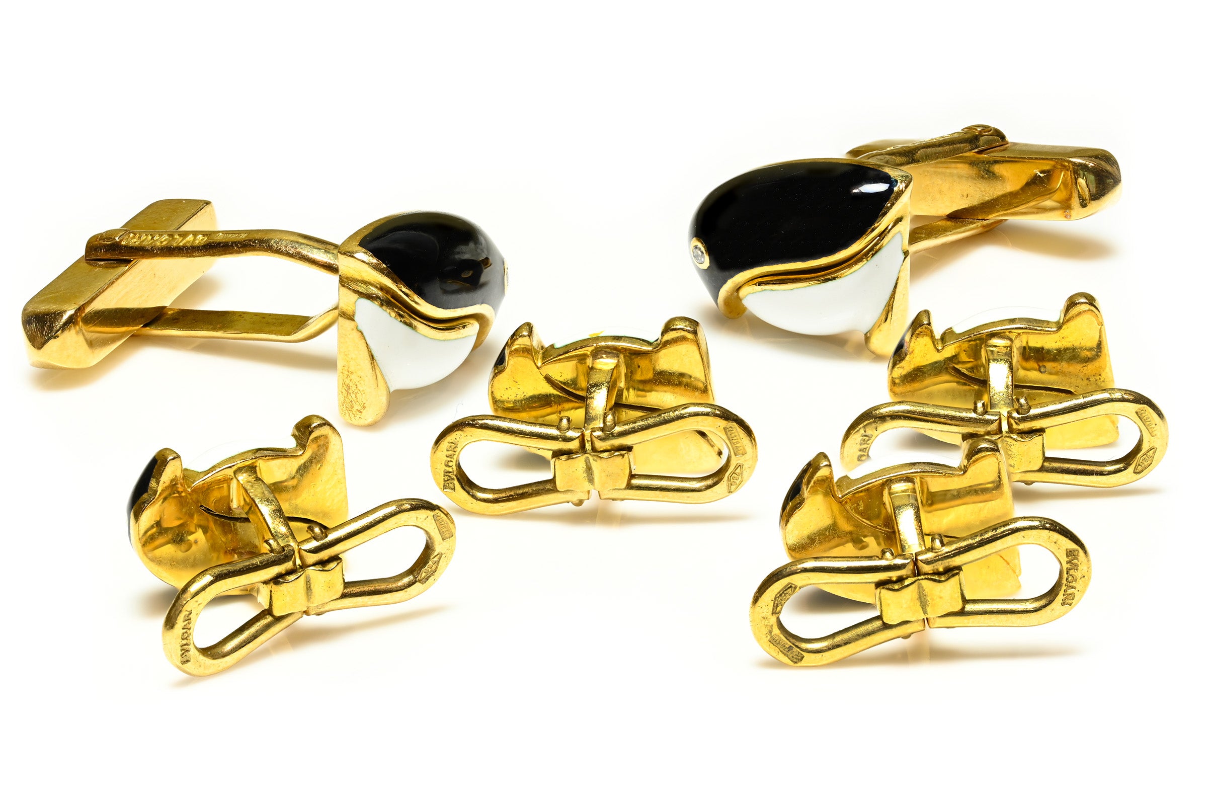 Bulgari Penguin Cufflink Four-Stud Set in 18K Gold Enamel and Diamond Hallmark