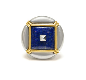Bulgari Geometric Lapis Lazuli Silver and Gold Brooch
