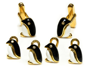Bulgari Penguin Cufflink Four-Stud Set in 18K Gold Enamel and Diamond
