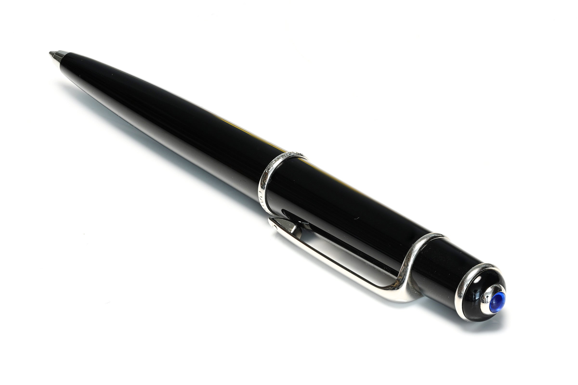 Cartier Black Lacquer Pen with Platinum Finish and Blue Cabochon