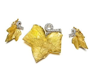 Cartier 18K Gold Diamond Leaf Brooch and Earrings Suite