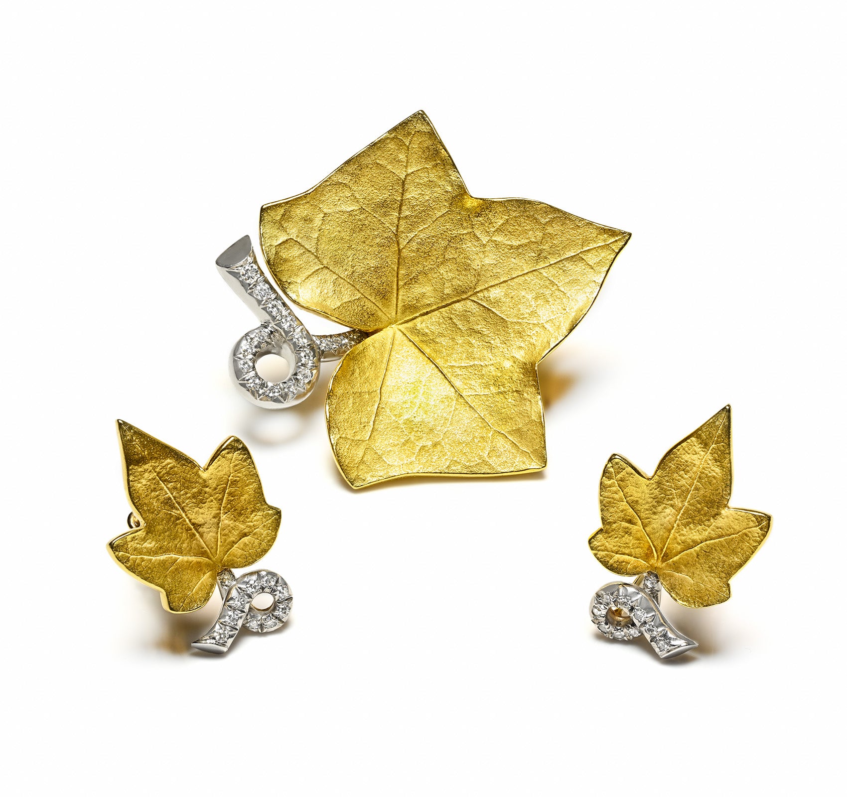 Cartier 18K Gold Diamond Leaf Brooch Earrings Vintage 
