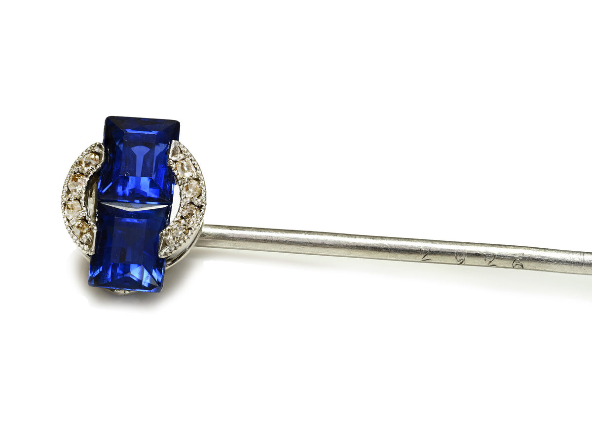 Cartier Art Deco Twin Sapphire and Diamond Stick Pin in Platinum
