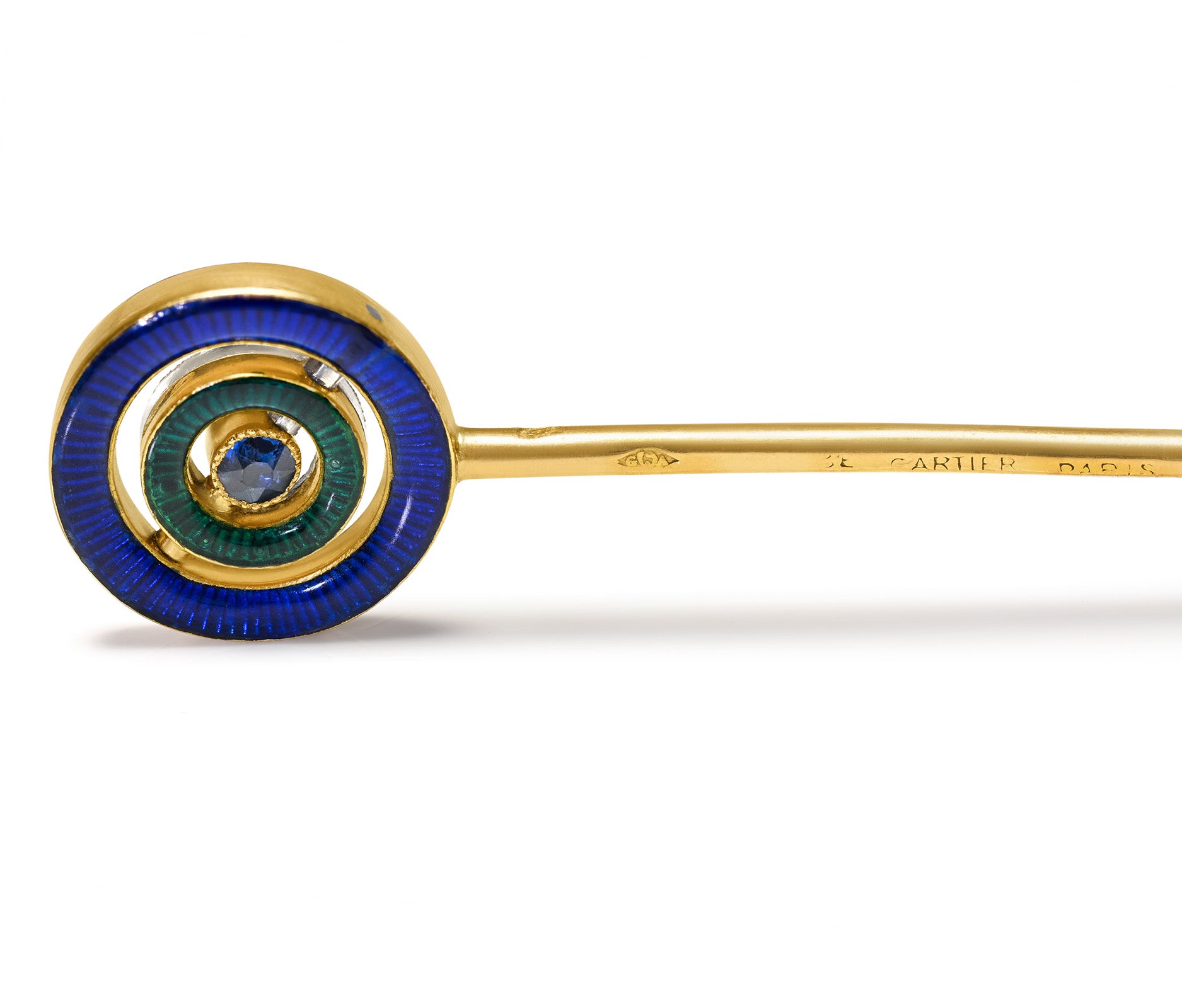 Cartier Edwardian 18K Gold Enamel Diamond Sapphire Swivel Stick Pin