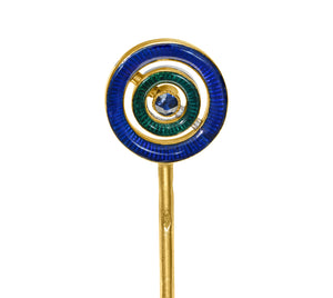Cartier Edwardian 18K Gold Enamel Diamond Sapphire Swivel Stick Pin