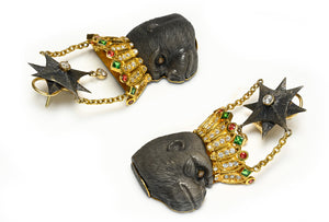 Carved Hematite Ape Earrings 18K Gold Diamonds, Rubies and Emeralds